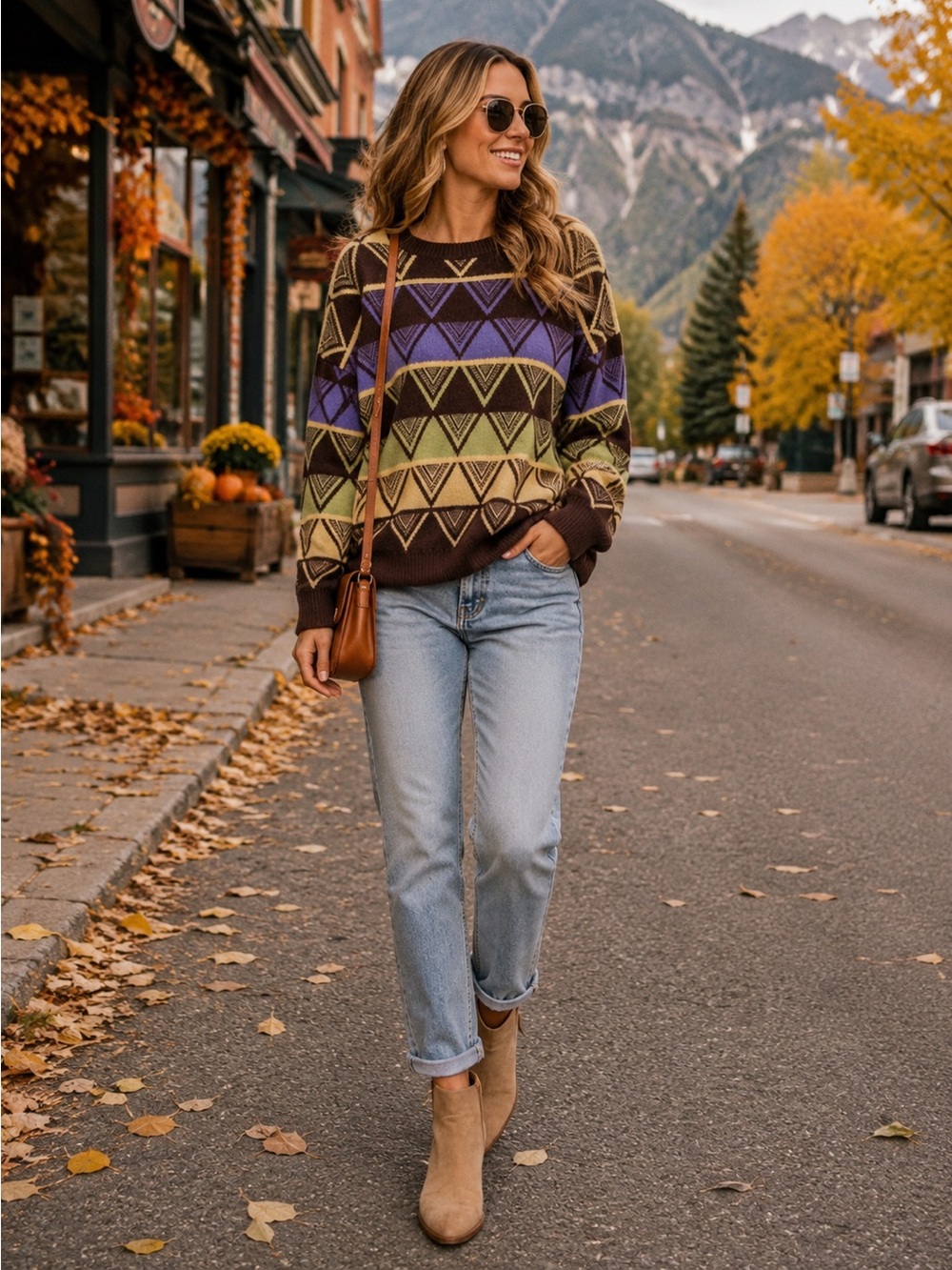 Geometric Knit Sweater Large Brown Oversized Retro Crewneck Cozy Pullover